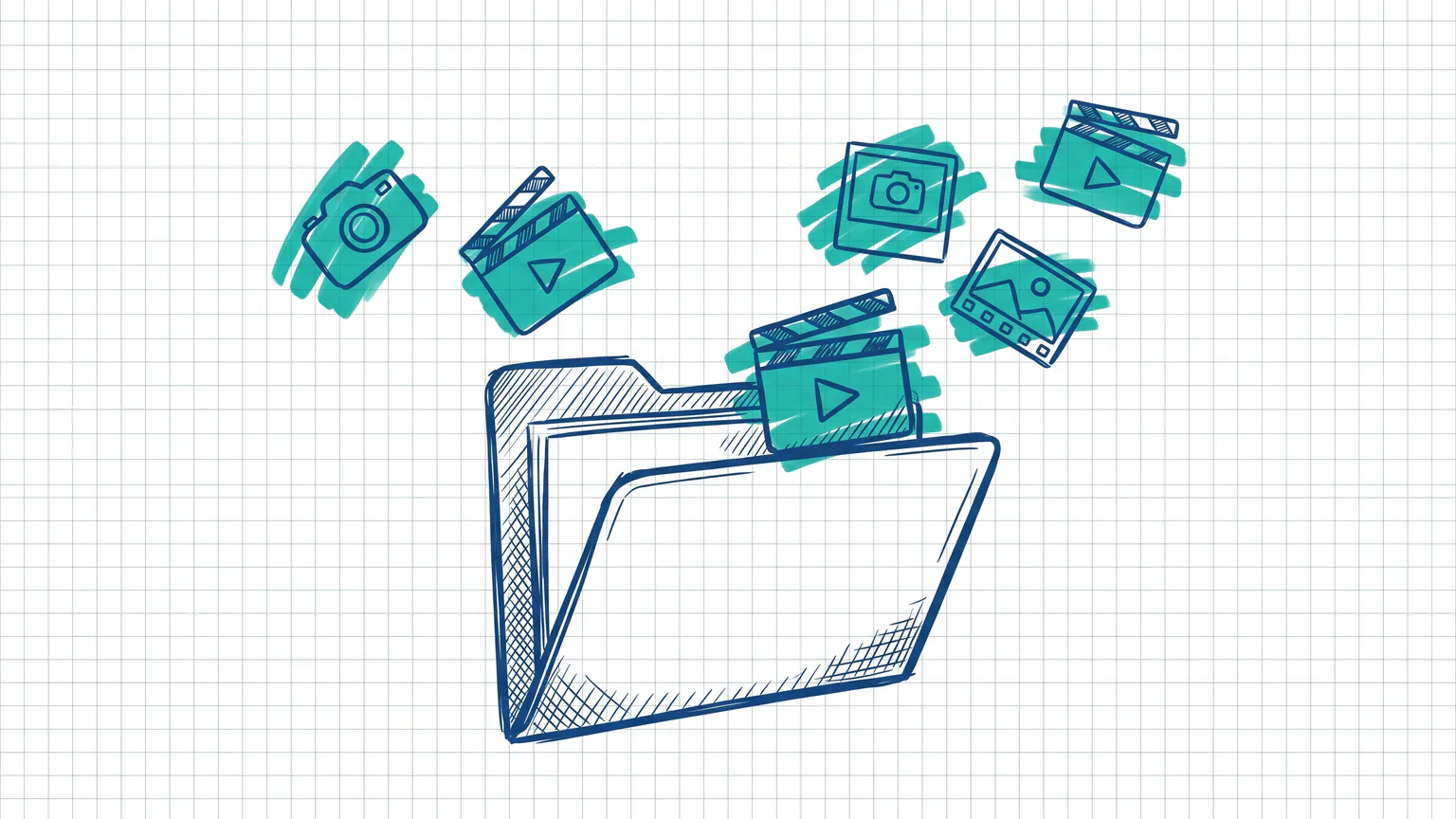 Illustration zum Thema WordPress Medien Ordner erstellen: Geöffneter Ordner, in den Foto- und Video-Symbole fliegen