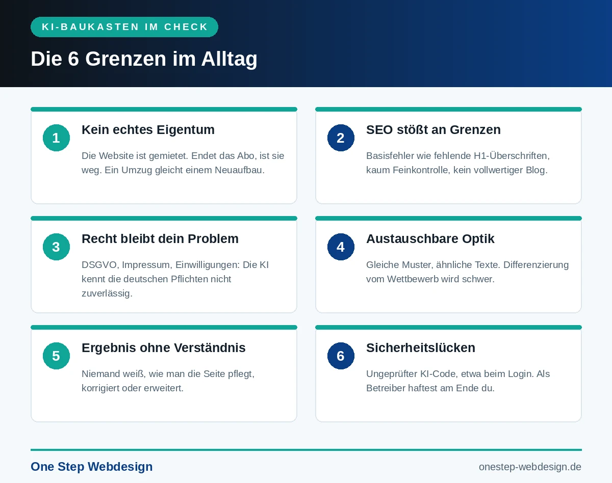 Infografik: Die 6 Grenzen von KI-Baukästen im Alltag, von fehlendem Eigentum über SEO und Recht bis zu Sicherheitslücken, für die der Betreiber haftet
