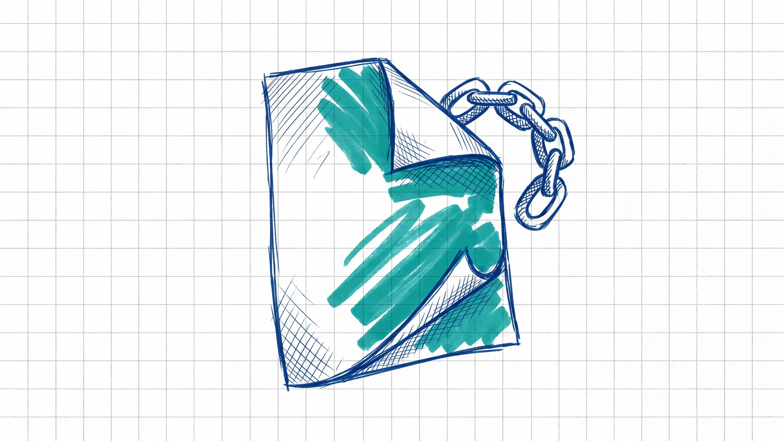 Illustration zum Thema WordPress PDF verlinken und einbinden: Dokumentseite mit Eselsohr und Kettenglied
