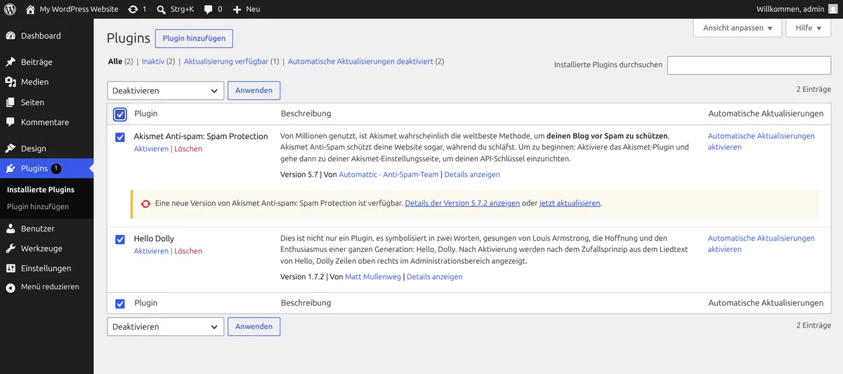Screenshot: Alle WordPress-Plugins über die Massenaktion Deaktivieren auf einmal abschalten