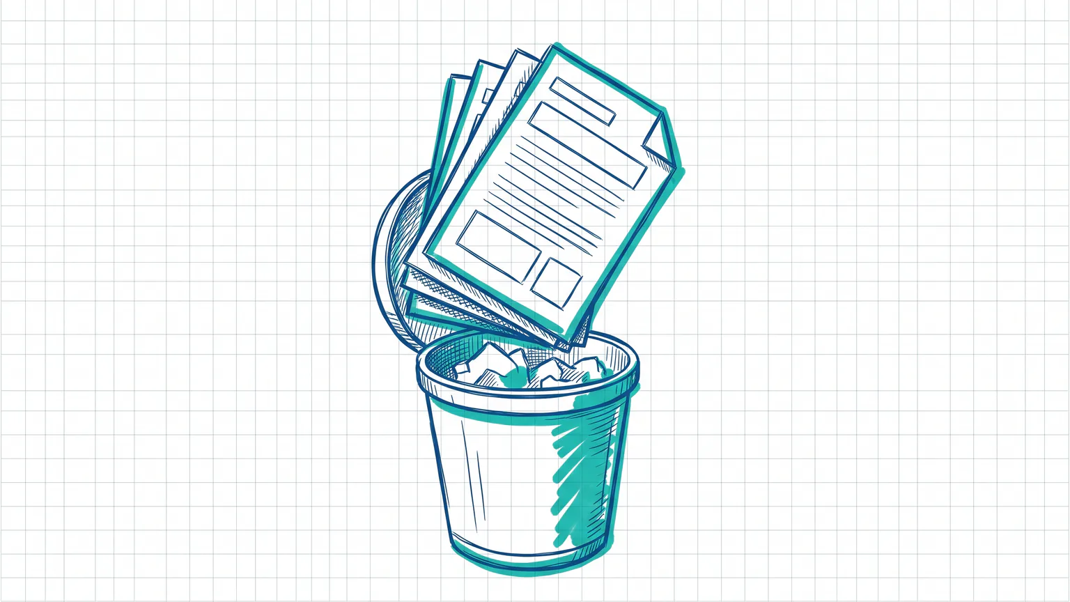 Illustration zum Thema WordPress Revisionen löschen, begrenzen und deaktivieren: Stapel Dokumentkopien, die oberste fällt in einen Papierkorb