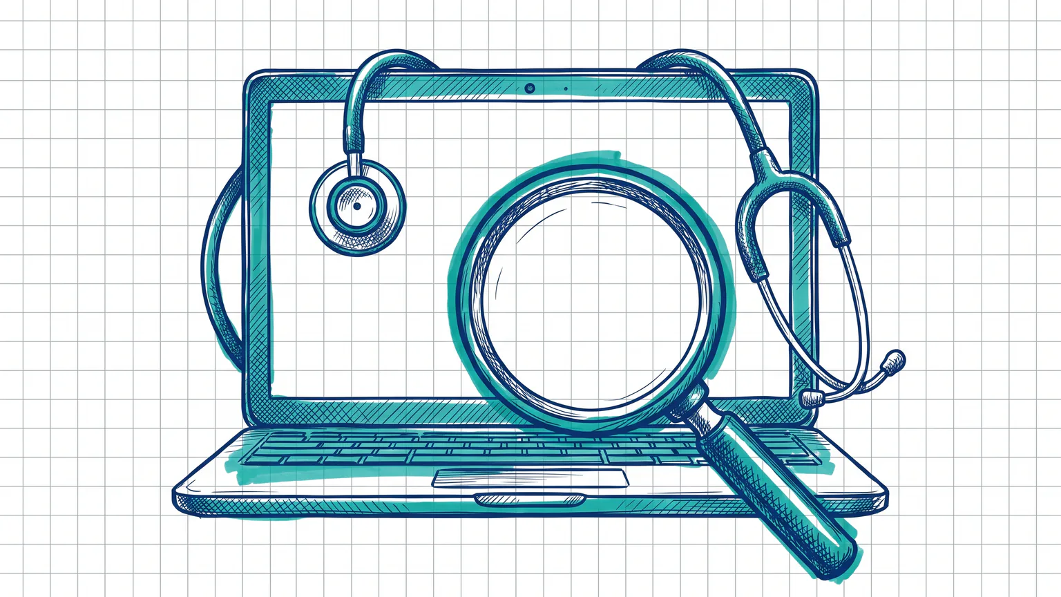 Illustration zum Thema WordPress-Seite ist weiß: Laptop mit komplett leerem Bildschirm, untersucht mit Lupe und Stethoskop