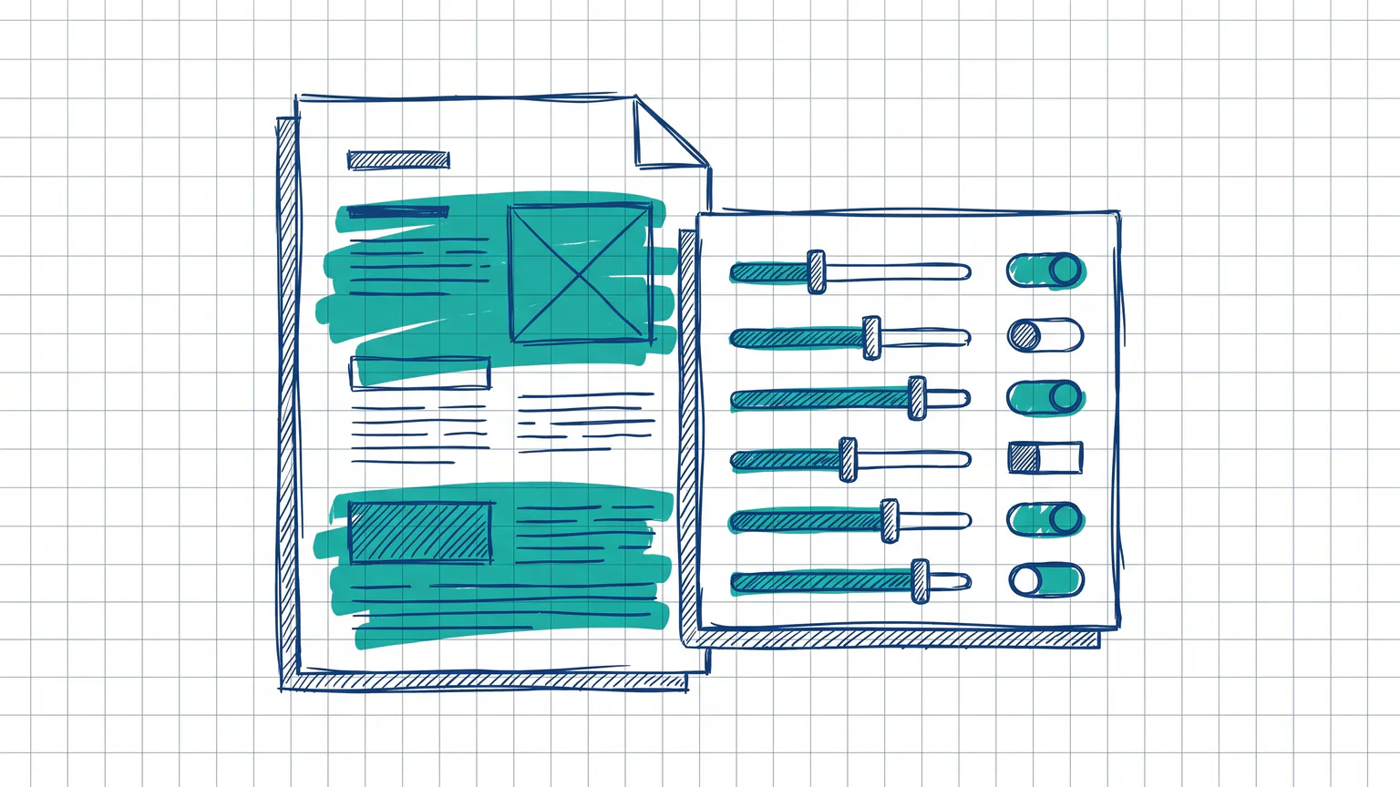 Illustration zum Thema WordPress Einstellungen: Dokumentseite neben Einstellungs-Panel mit Reglern