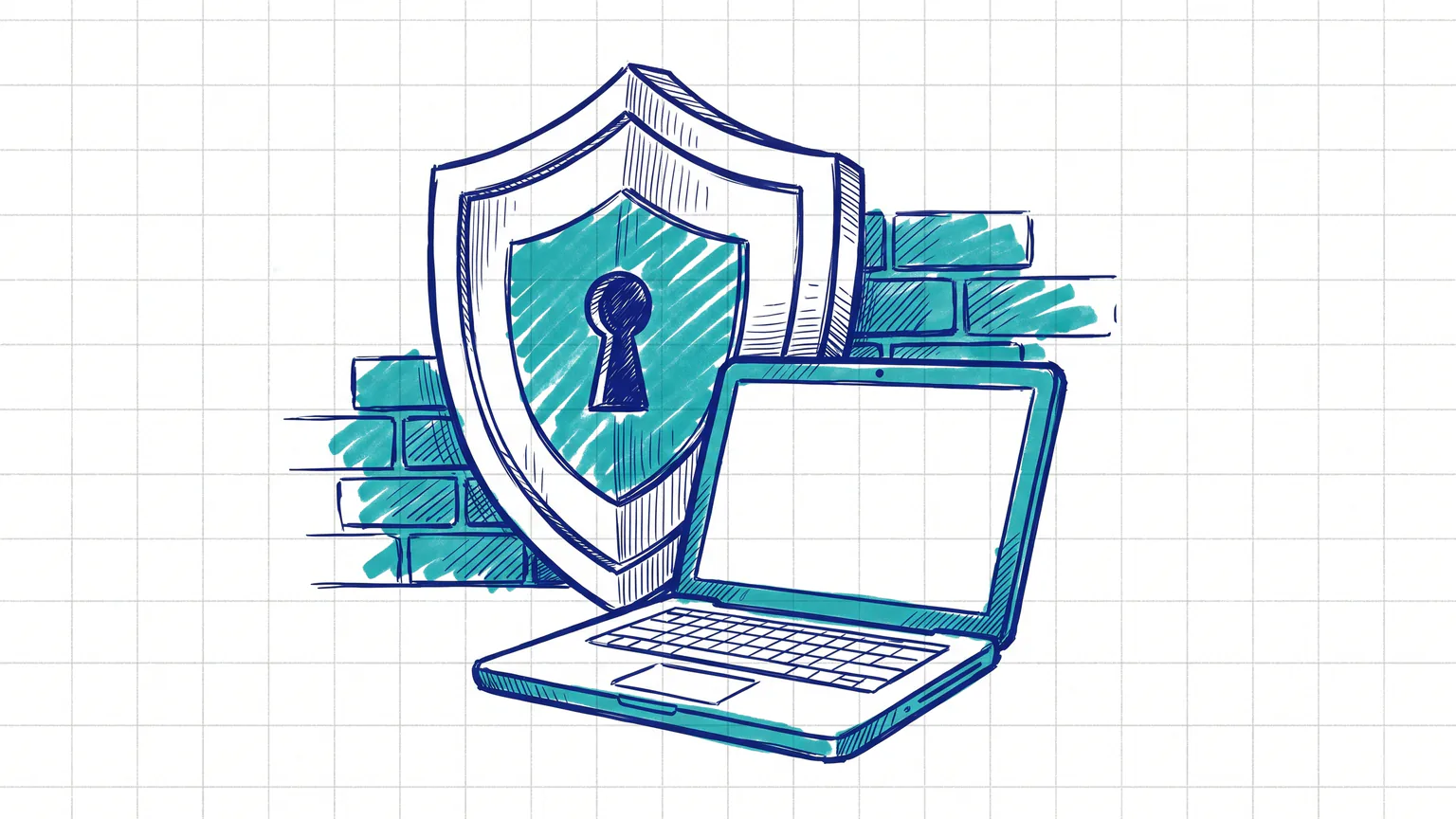 Illustration zum Thema WordPress Sicherheit erhöhen: Schutzschild mit Schlüsselloch vor einem Laptop
