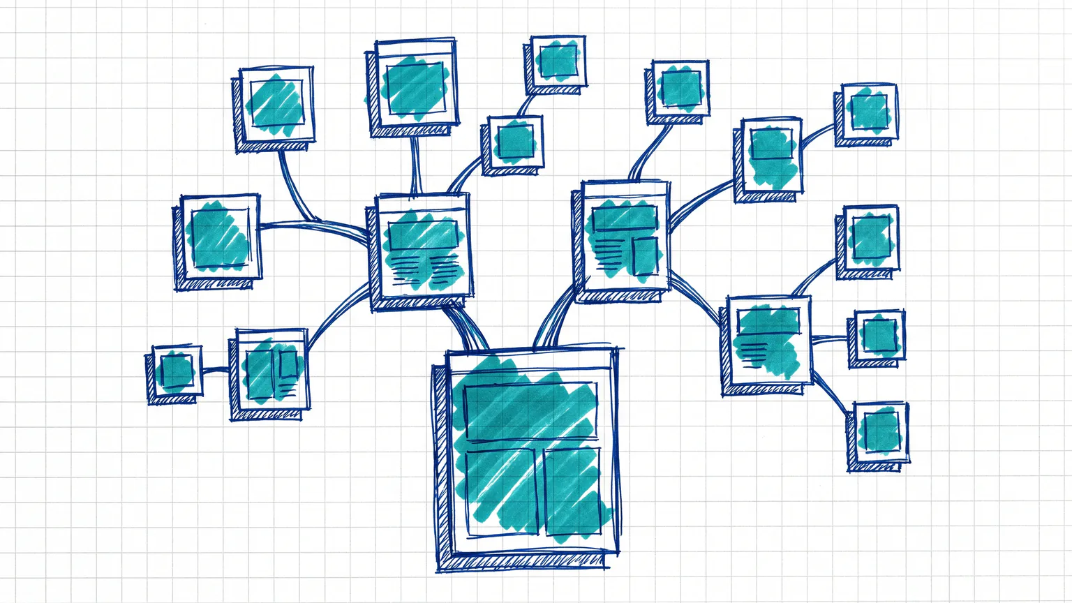 Illustration zum Thema WordPress Sitemap erstellen: Baumdiagramm verbundener Webseiten