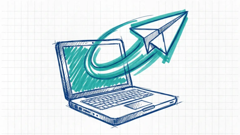 Illustration zum Thema WordPress SMTP Plugin: Briefumschlag als Papierflieger, der aus einem Laptop fliegt