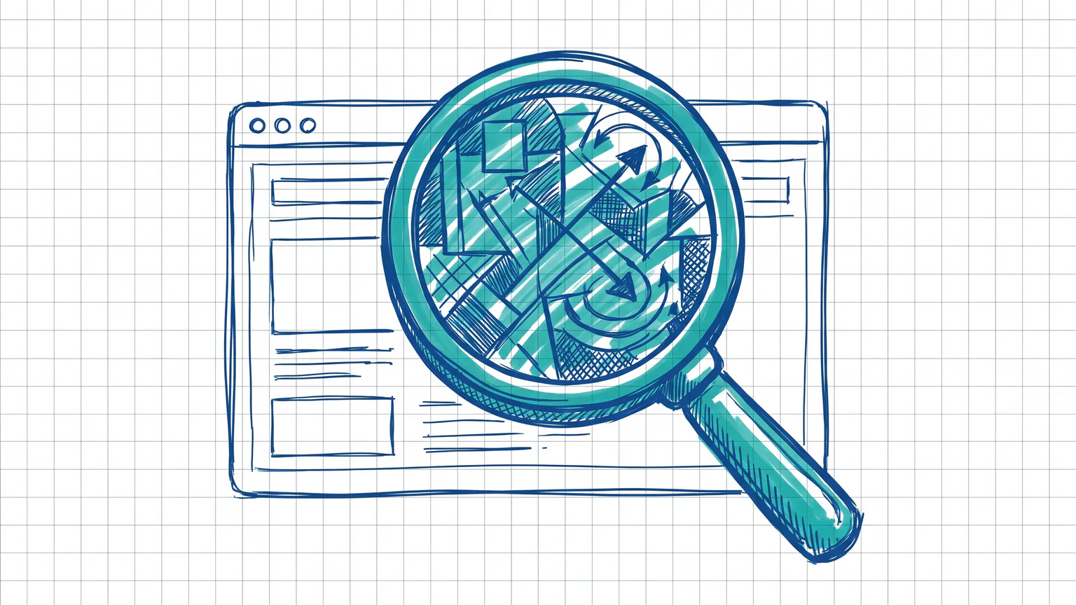 Illustration zum Thema WordPress Theme herausfinden: Lupe über Browserfenster zeigt verborgene Struktur
