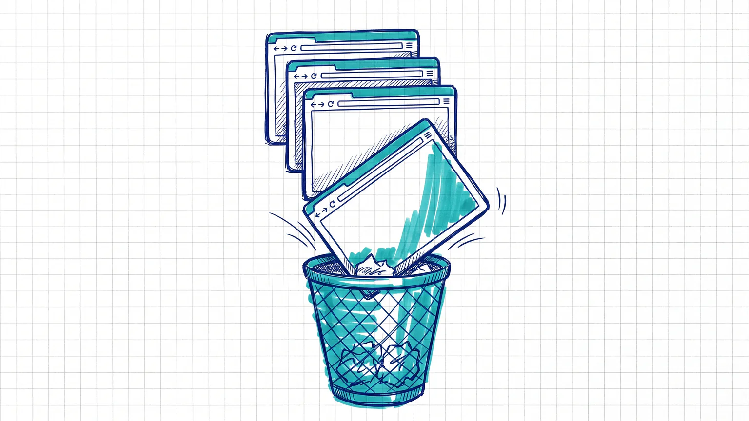 Illustration zum Thema WordPress Theme löschen: Stapel Browserfenster-Karten, die oberste fällt in einen Papierkorb