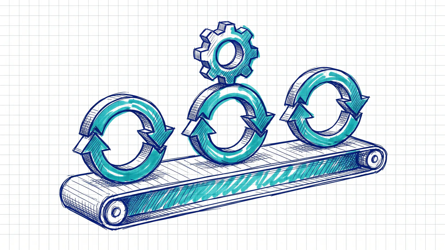Illustration zum Thema WordPress Update Reihenfolge: Drei Aktualisierungs-Pfeilkreise auf einem Förderband mit Zahnrad