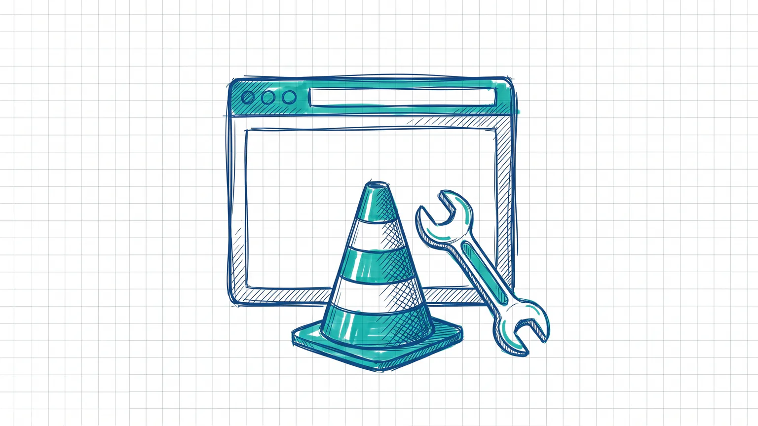 Illustration zum Thema WordPress Wartungsmodus aktivieren: Browserfenster mit Absperrkegel und Schraubenschlüssel
