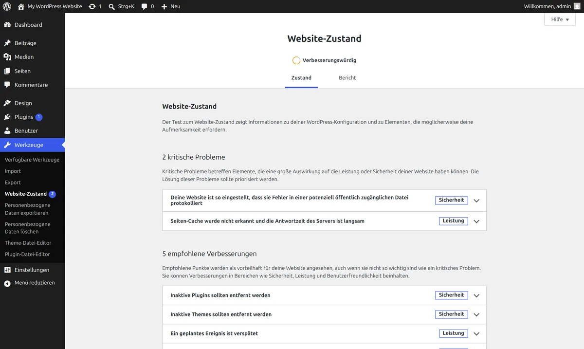 Screenshot des WordPress-Website-Zustands unter Werkzeuge mit kritischen Problemen und empfohlenen Verbesserungen