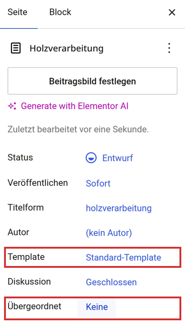 WordPress Block-Editor: Seitenleiste mit den Zeilen Template und Übergeordnet, rot markiert
