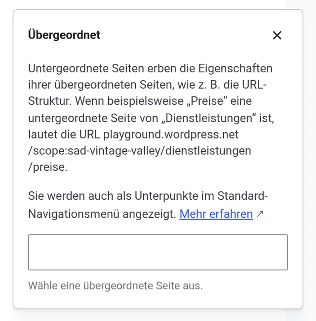 WordPress-Dialog Übergeordnet mit Erklärung der URL-Struktur und Auswahlfeld für die übergeordnete Seite